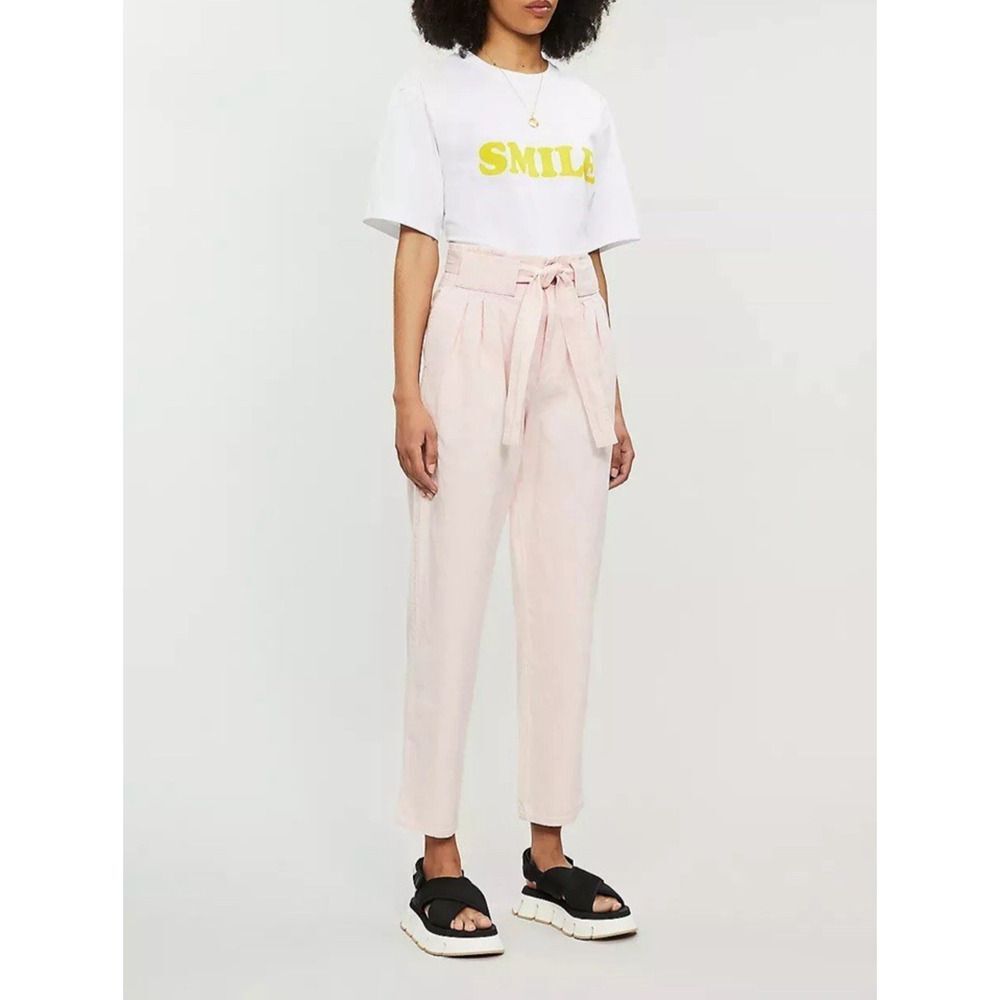 Sandro Paris 42 Tod Belted Cotton Linen Twill Tapered Paperbag Pants Rose NWT